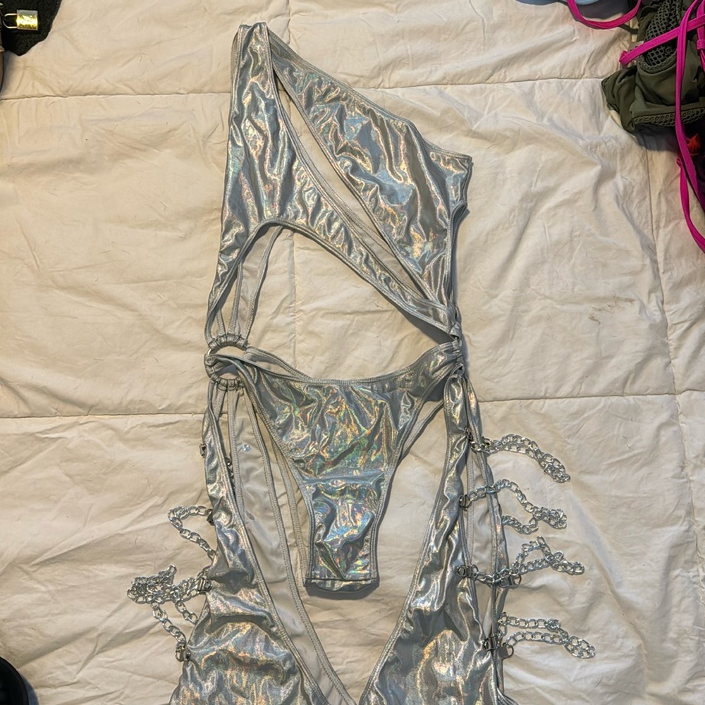 XS Club Exx Doll’s Kill Holographic Silver Moonwalk Cut Catsuit